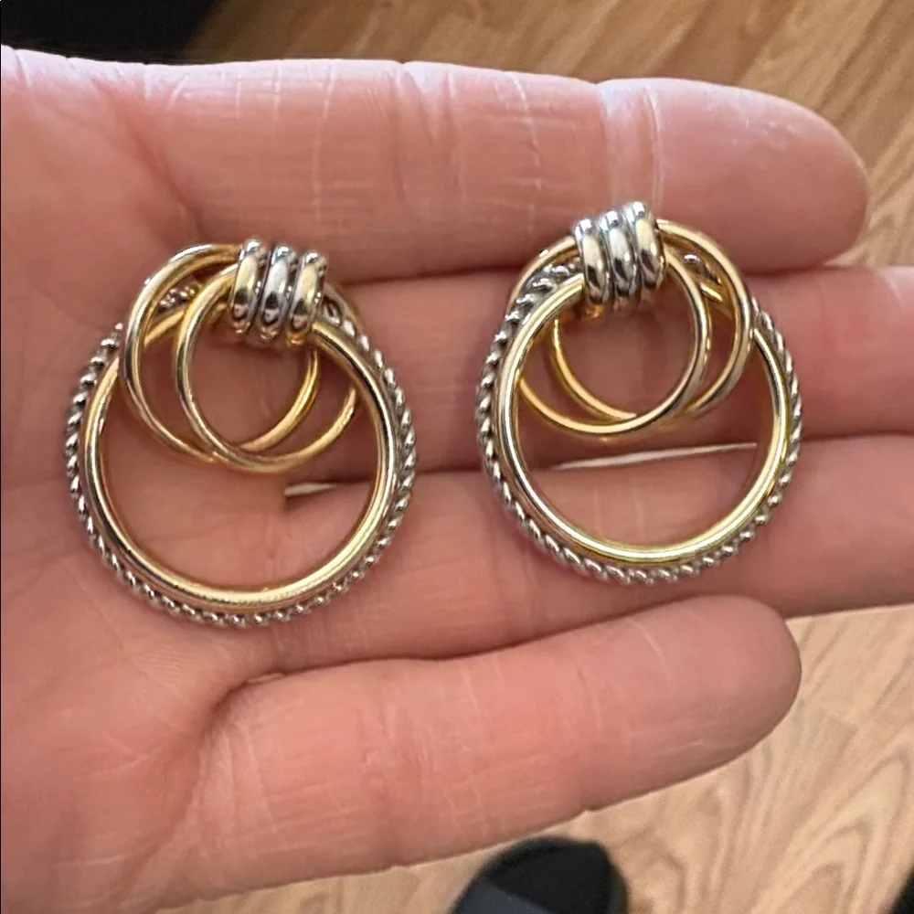 TWO-TONE TEXTURED DOUBLE LOOPED POST 1.5" EARRINGS - Picture 6 of 9